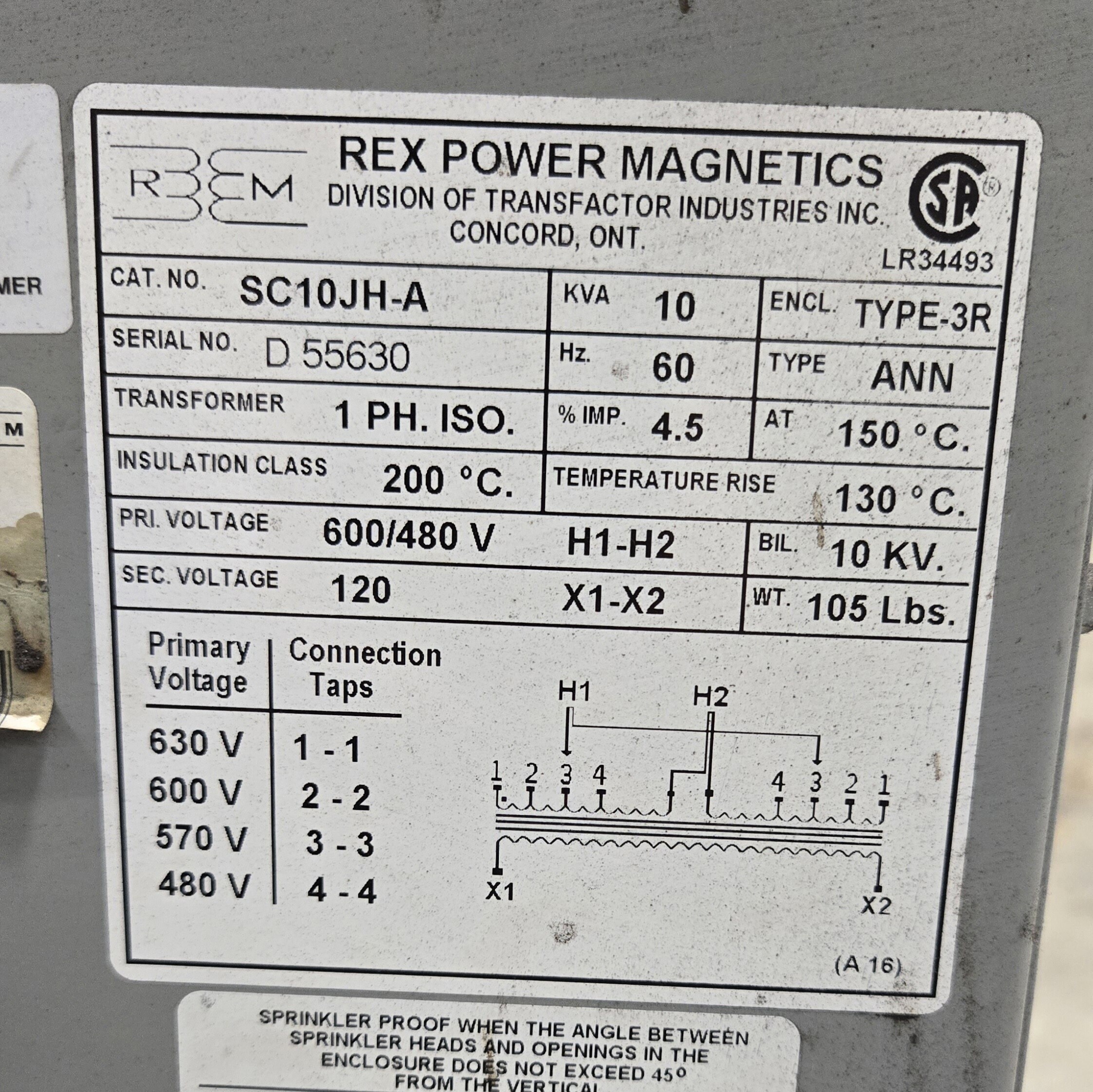 Rex Power Magnetics Transformer 10 KVA SC10JH-A USED 2