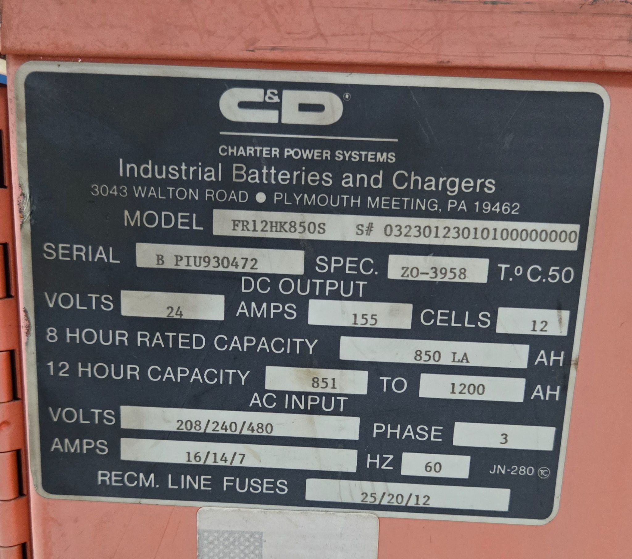 CHARTER POWER SYSTEMS FR12HK850S 24V FORKLIFT BATTERY CHARGER USED 3