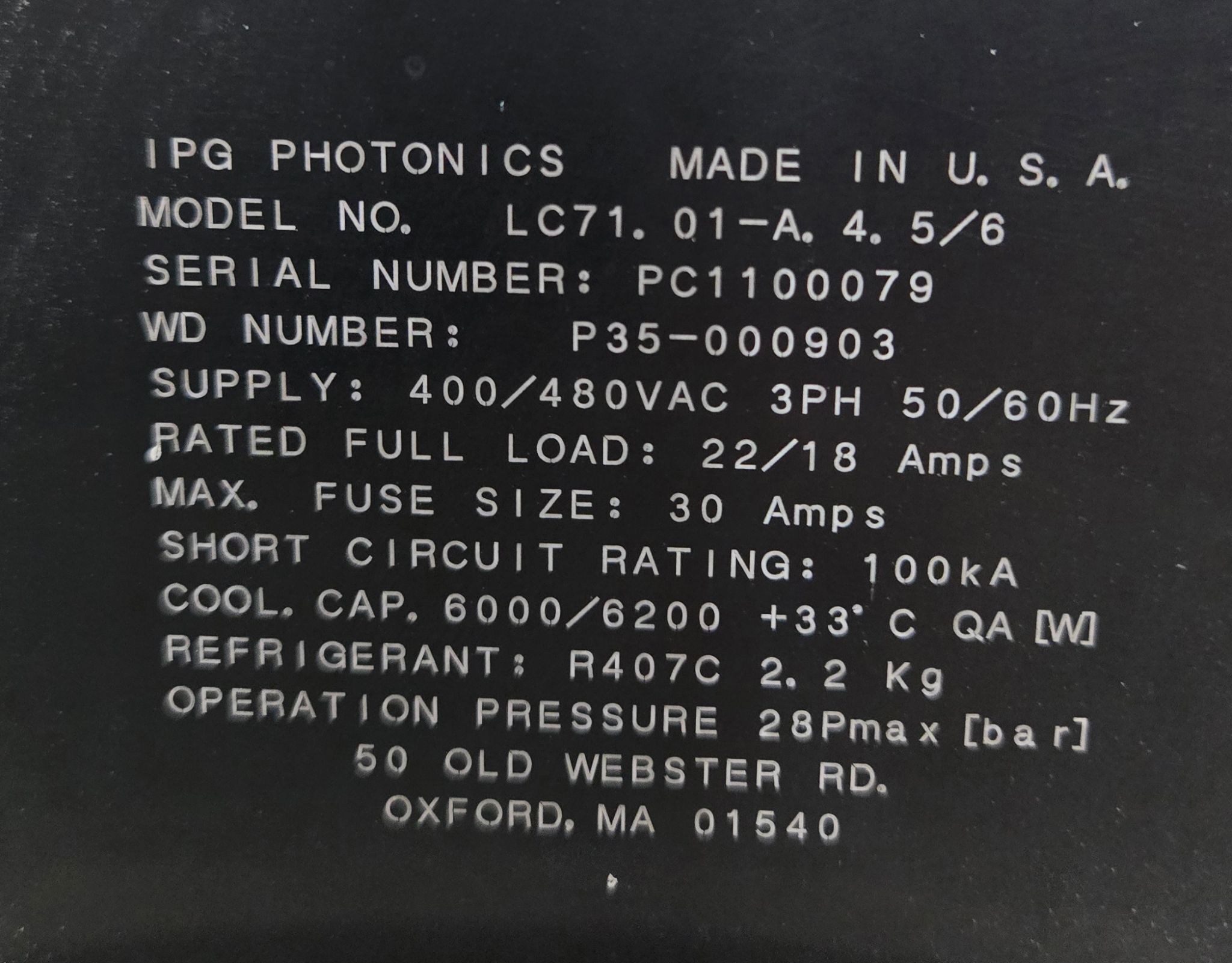 IPG PHOTONICS LC71. 01-A. 4. 5/6 Laser Chiller 400V/480V, 3PH USED 6