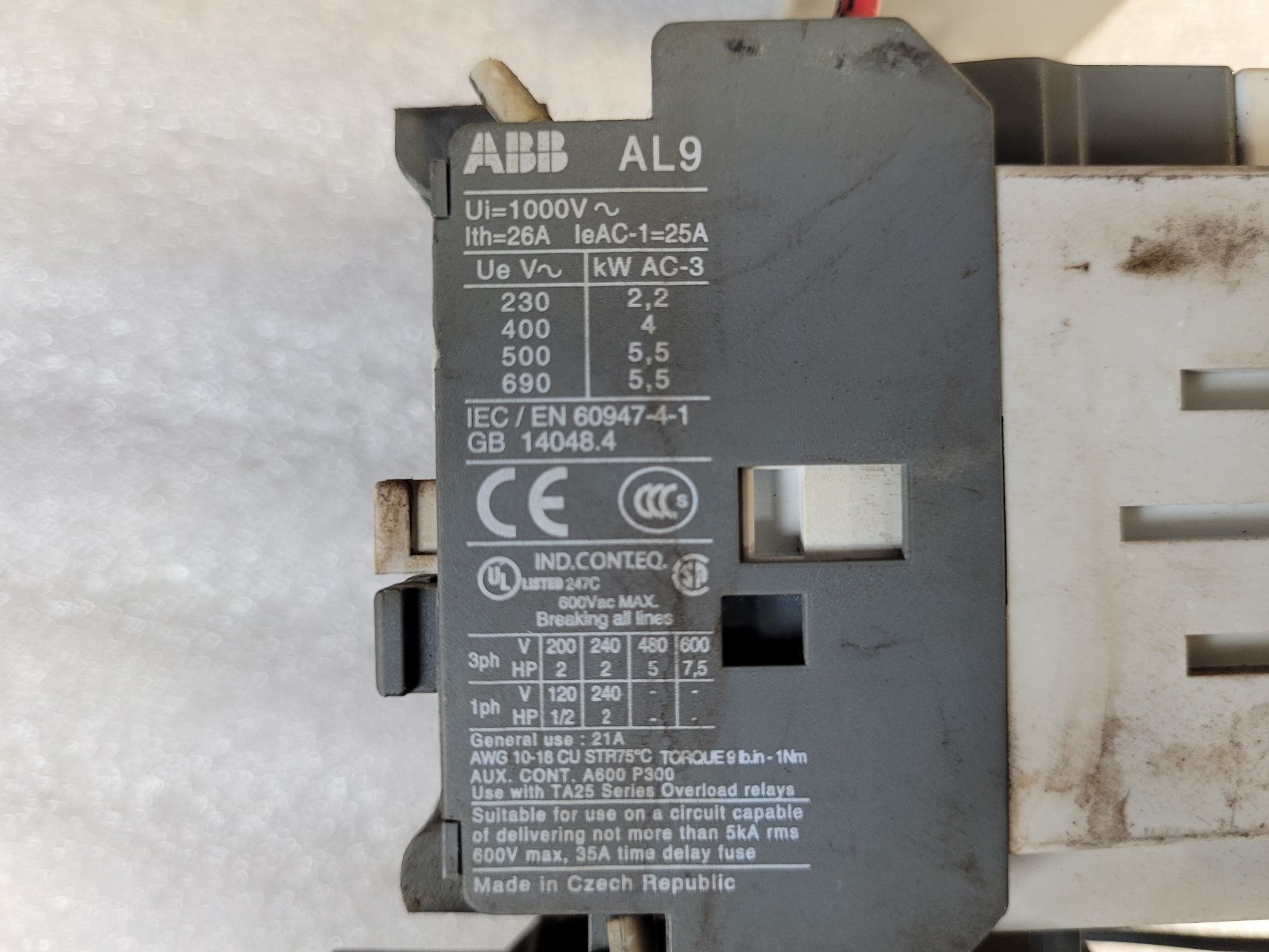 ABB AL9-30-10 Contactor w/ TA25-DU Thermal Overload Relay USED 2