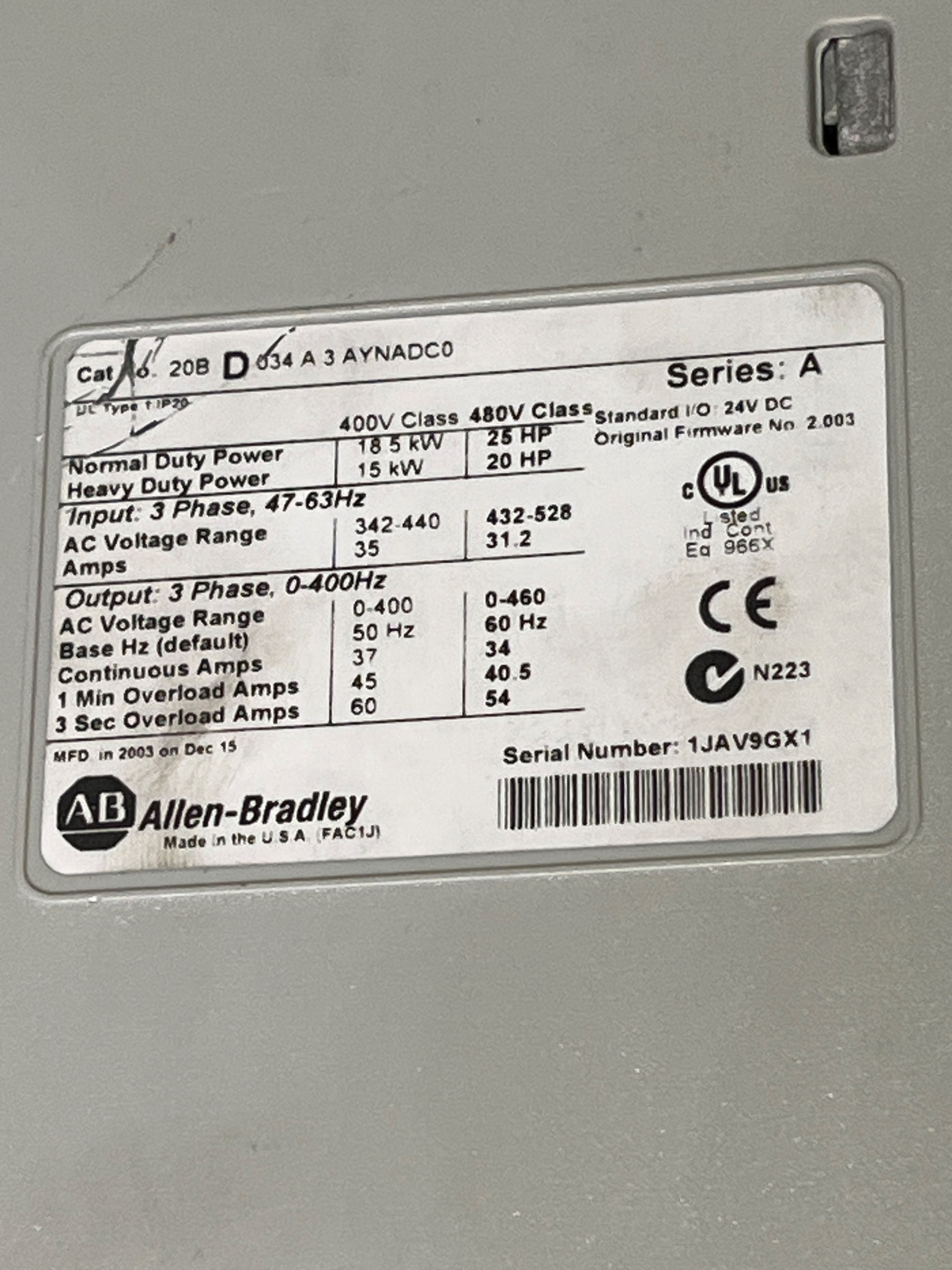 ALLEN BRADLEY 20B-D034A3AYNADC0 PowerFlex 700 AC Drive USED 8