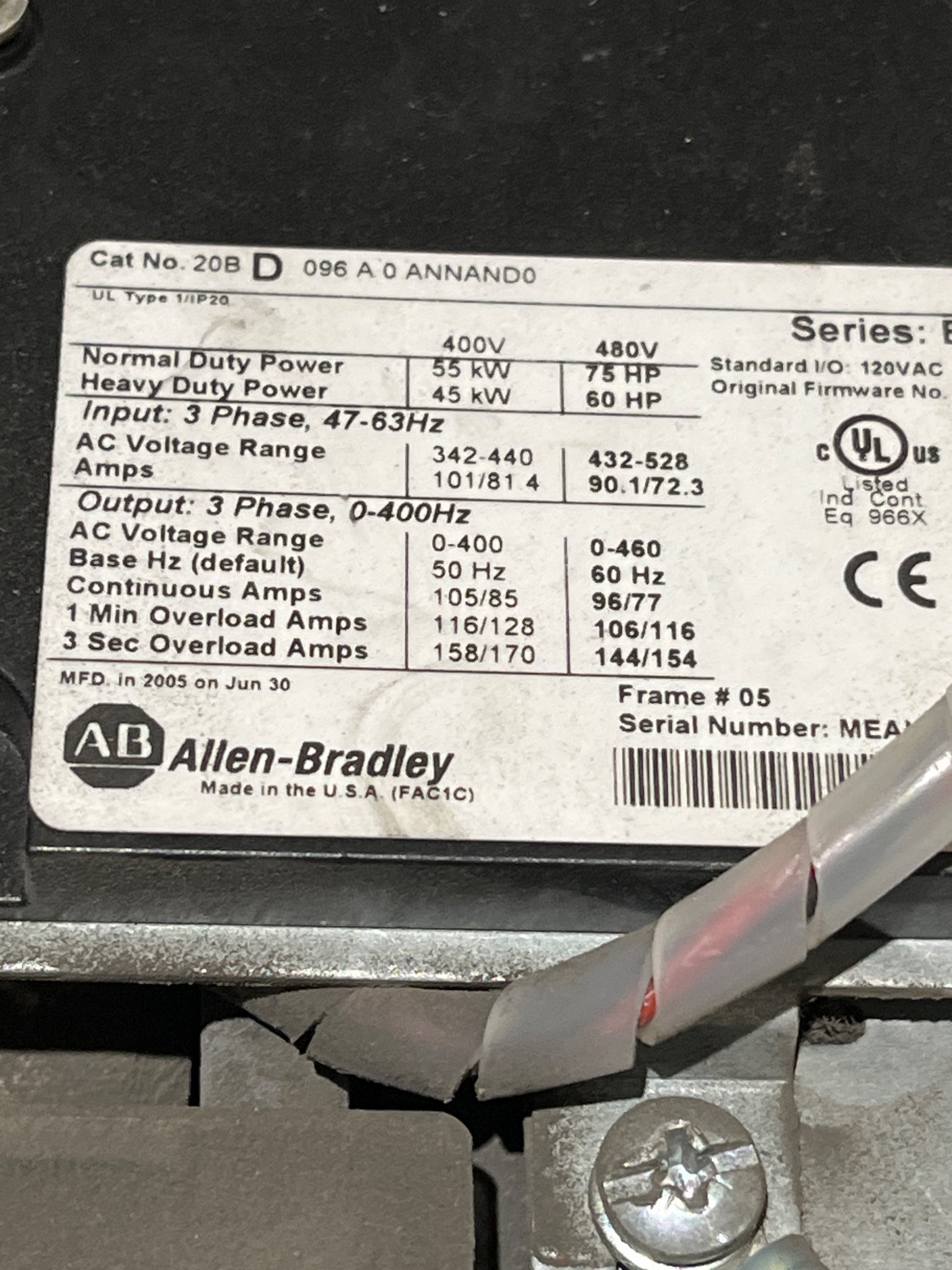 ALLEN BRADLEY 20B-D096A0ANNAND0 PowerFlex 700 AC Drive AS-IS 4