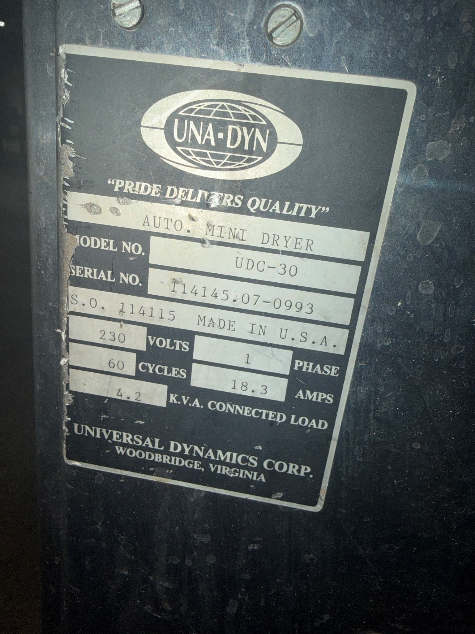 UNA-DYN UDC-30 Auto Mini-Dryer w/ 50# Modular Hopper USED 4