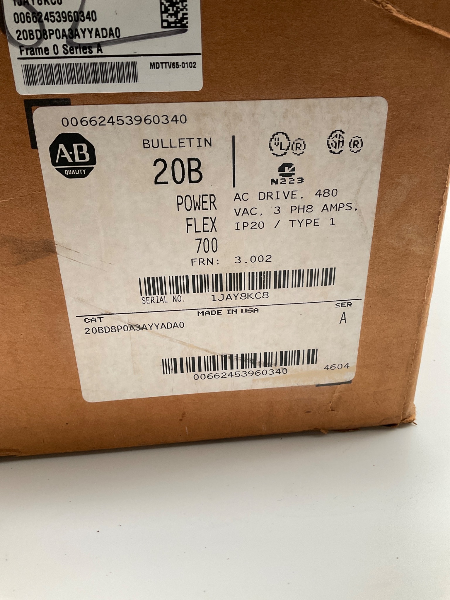 ALLEN BRADLEY 20BD8P0A3AYYADA0 POWERFLEX 700 AC DRIVE 480V USED 0