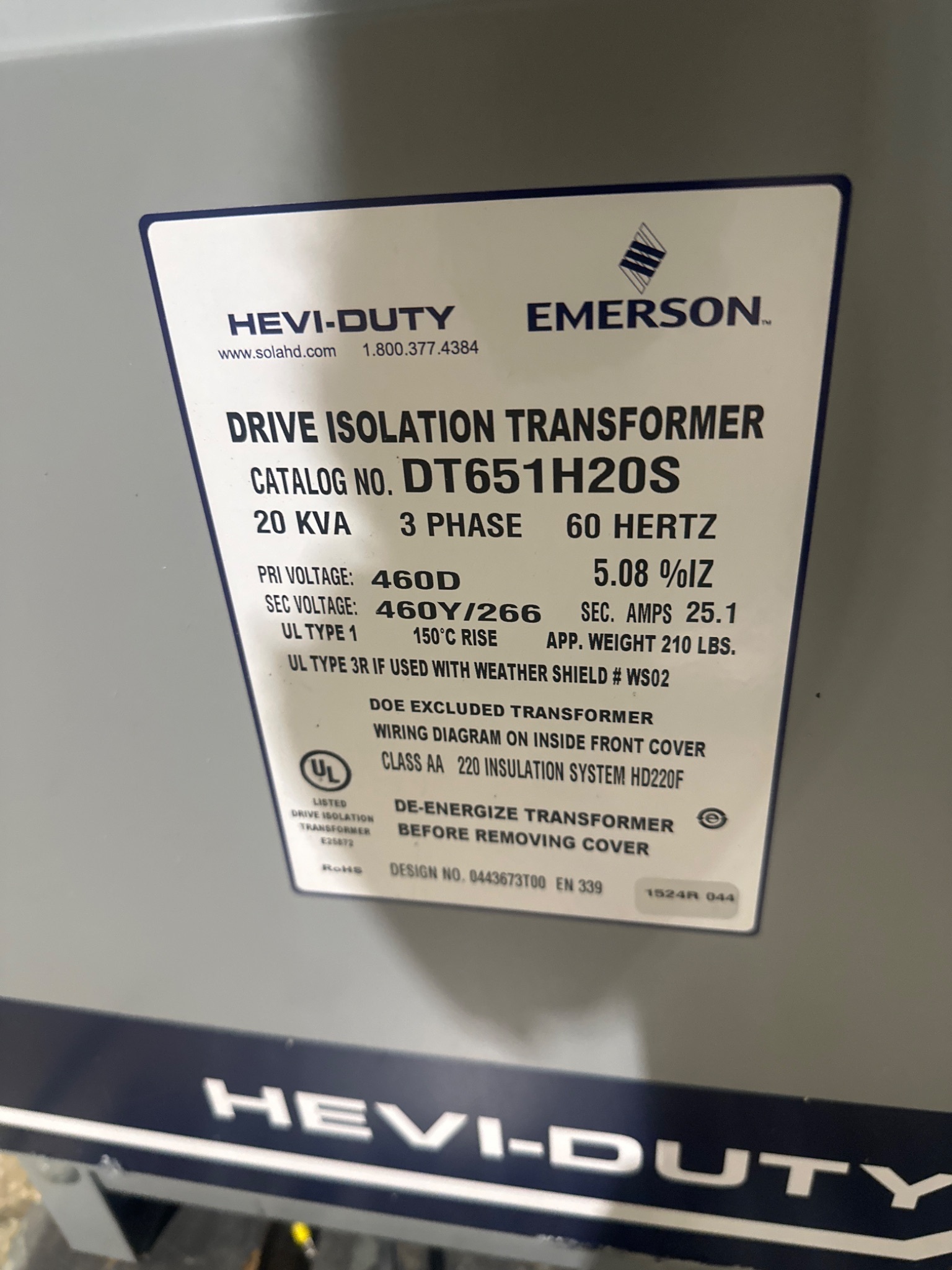SOLAHD EMERSON DT651H20S 20KVA 3PH Drive Isolation Transformer USED 4