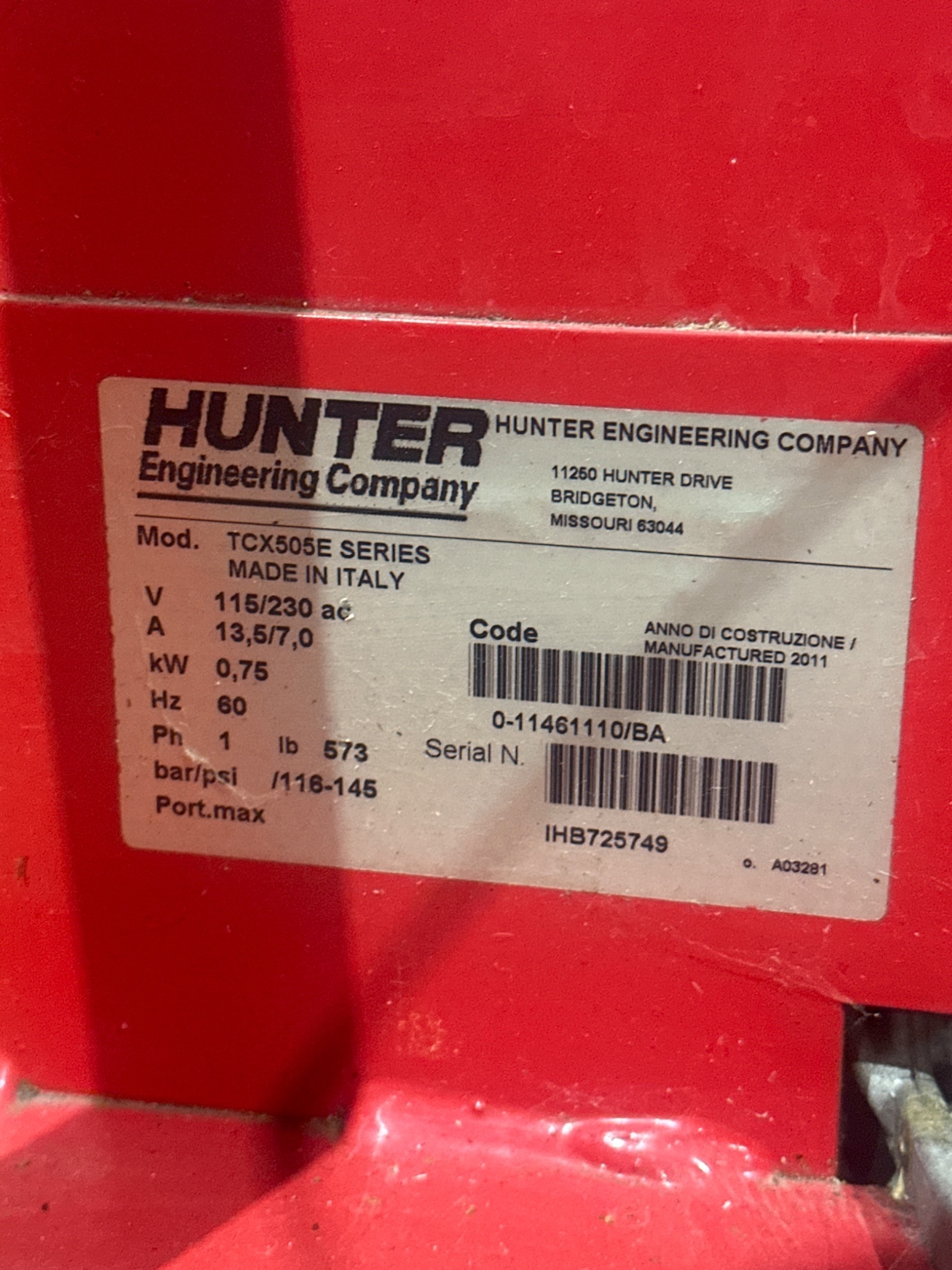 HUNTER TCX505E Tire Changer USED 6